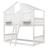 Twin over Twin House Bunk Bed with Roof , Window, Window Box, Door , with Safety Guardrails and Ladder,White - V.I.P Digital Presence