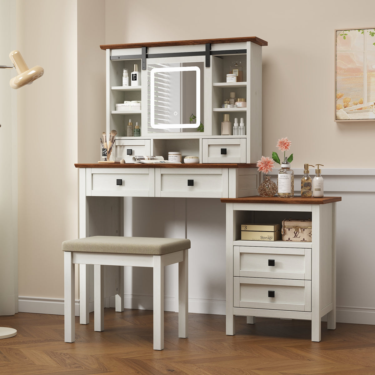 46.5-inch dressing table with adjustable LED lighting mirror and charging station, equipped with soft cushioned stool - V.I.P Digital Presence