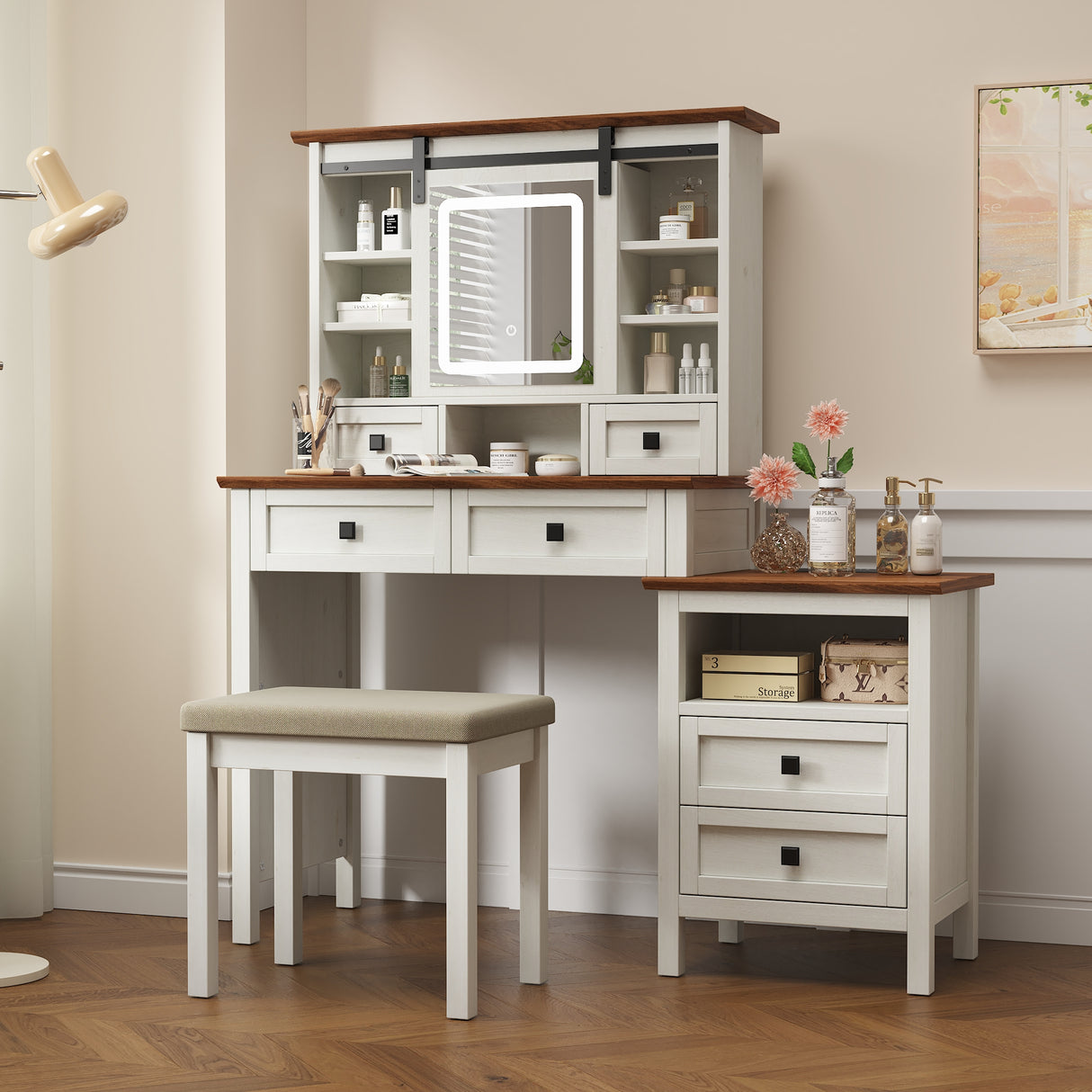 46.5-inch dressing table with adjustable LED lighting mirror and charging station, equipped with soft cushioned stool - V.I.P Digital Presence