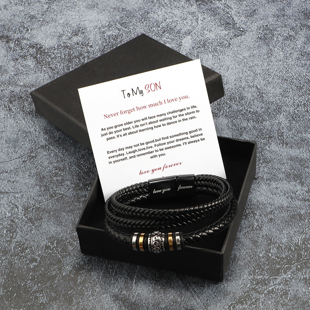 Stainless steel multi-layer woven bracelet men's titanium steel fashionable leather bracelet engraved gift - V.I.P Digital Presence