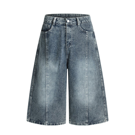 Punk Washed Distressed Denim Shorts Men's Summer Plaid Belted Contrast Pocket Loose Wide-Leg Three-Quarter Pants - V.I.P Digital Presence
