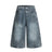Punk Washed Distressed Denim Shorts Men's Summer Plaid Belted Contrast Pocket Loose Wide-Leg Three-Quarter Pants - V.I.P Digital Presence