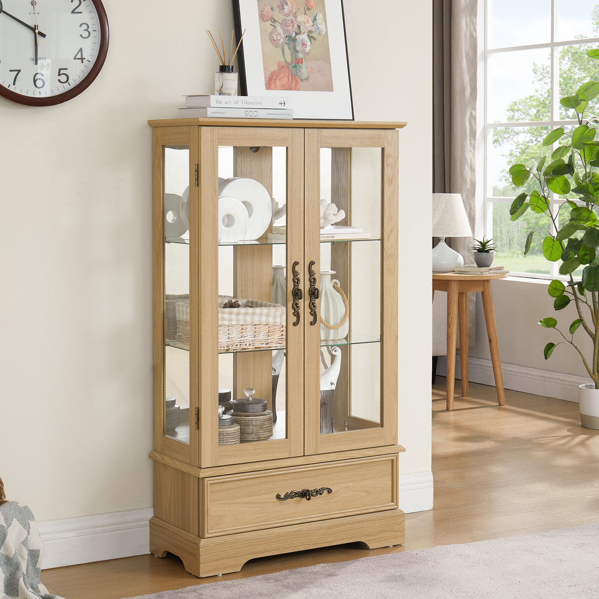 Light colored glass cabinet with adjustable glass frame, including cabinet light bulbs OAK with 2 doors and 1 drawer - V.I.P Digital Presence