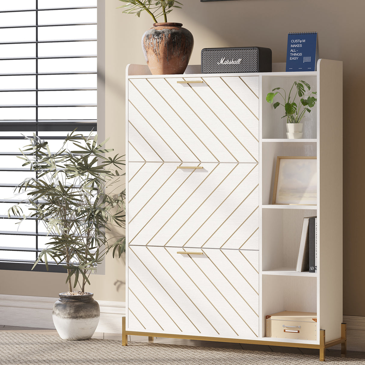 Shoe Cabinet with 3 Flip Drawers & Open Shelves, Modern Entryway Shoe Storage Cabinet Slim, Narrow Hidden Shoe Rack for Heels - V.I.P Digital Presence