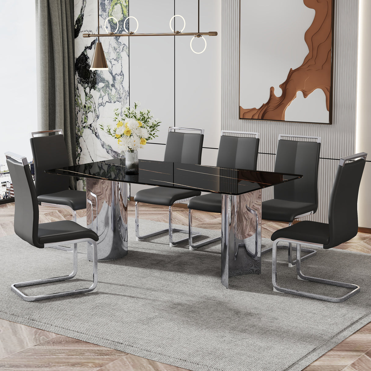 Modern minimalist dining table The black imitation marble glass desktop is equipped with silver metal legs - V.I.P Digital Presence
