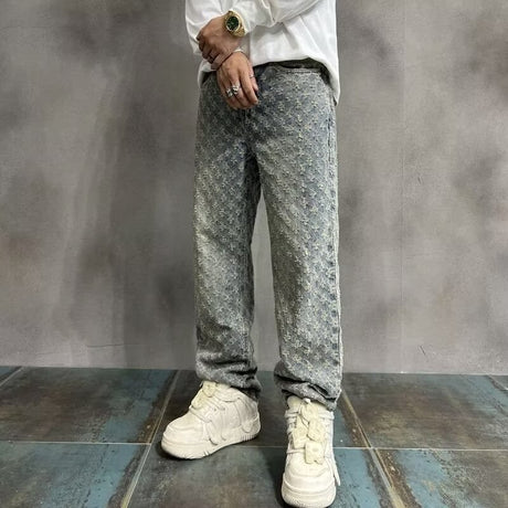 High Street Hip Hop Trousers, Trendy Brand Cool and Handsome Jacquard Full Print Jeans for Men, American Style Vibe Straight Leg Pants - V.I.P Digital Presence