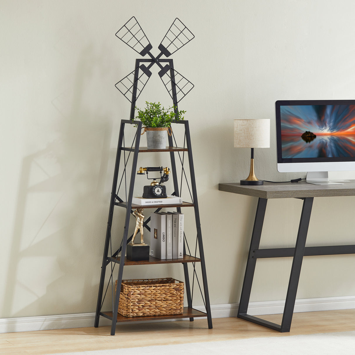 4-Tier Narrow Book Shelf, Bookcase for Home Office, Living Room, Bedroom, Kitchen, Rustic Brown and Black - V.I.P Digital Presence