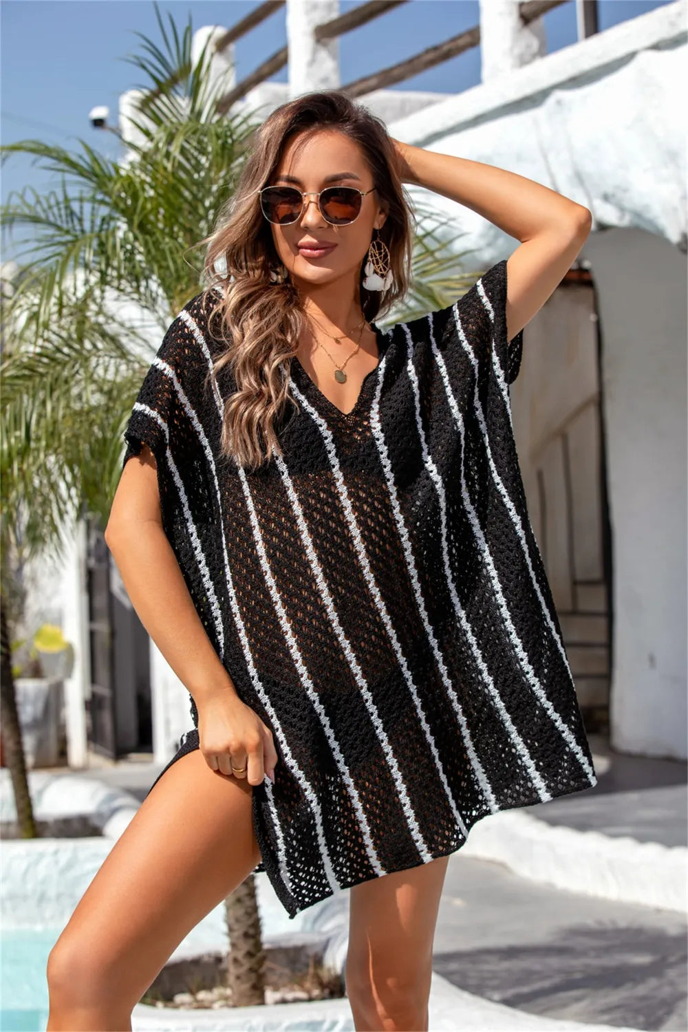 Angel Wings Openwork V-Neck Short Sleeve Cover Up - V.I.P Digital Presence