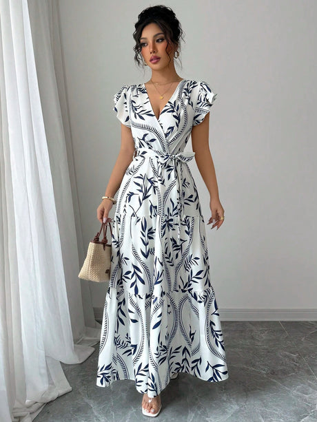 Spring Summer New Printed Ruffled V-Neck Sexy Fitted Slimming Long Dress Gown - V.I.P Digital Presence