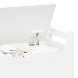 A white rubber wood children's toy box with soft cushioned seats, stools, flip covers, and safety hinges for toy storage