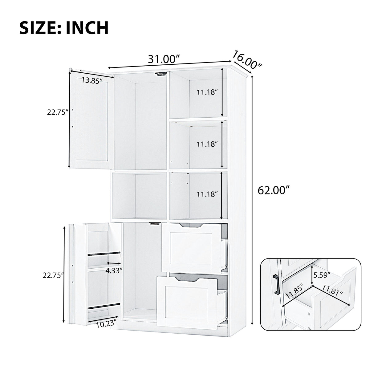 Bathroom storage cabinet with doors and drawers, multiple storage spaces, independent, open adjustable shelves, white - V.I.P Digital Presence