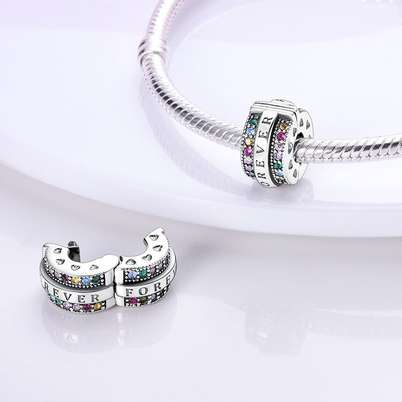 Copper plated S925 silver FOREVER colorful heart clip beads string DIY bracelet necklace - V.I.P Digital Presence