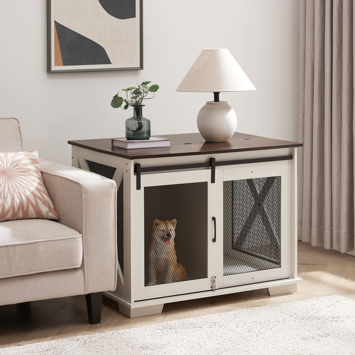 Farm kennel Flat noodles furniture with sliding barn door, farm wooden kennel end table, dog house with removable partition - V.I.P Digital Presence