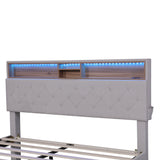 Queen Size Upholstered Platform Bed with Storage Headboard  LED  USB Charging and 2 Drawers  Beige