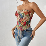 Retro strapless floral print slim fit new lace up chest hugging niche vest - V.I.P Digital Presence