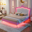 Full Size Upholstered Bed Frame with LED Lights, Modern Upholstered Princess Bed with Crown Headboard, Pink+White - V.I.P Digital Presence