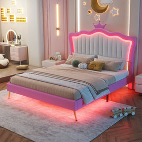 Full Size Upholstered Bed Frame with LED Lights, Modern Upholstered Princess Bed with Crown Headboard, Pink+White - V.I.P Digital Presence