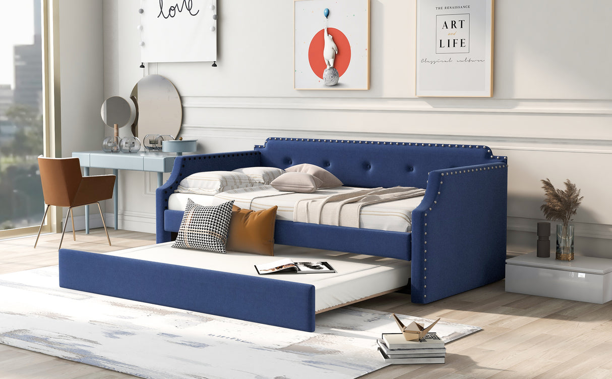 Upholstered Daybed with Trundle, Wood Slat Support,Upholstered Frame Sofa Bed Twin Blue - V.I.P Digital Presence