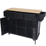 Kitchen trolley with rubber wood leaf countertop, 5-wheel kitchen island, storage cabinet and 3 dining drawers, black - V.I.P Digital Presence
