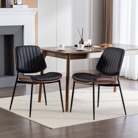 2-piece retro linen chair set with curved wooden backrest, cushioned seat, adjustable metal legs, (Black PU) - V.I.P Digital Presence