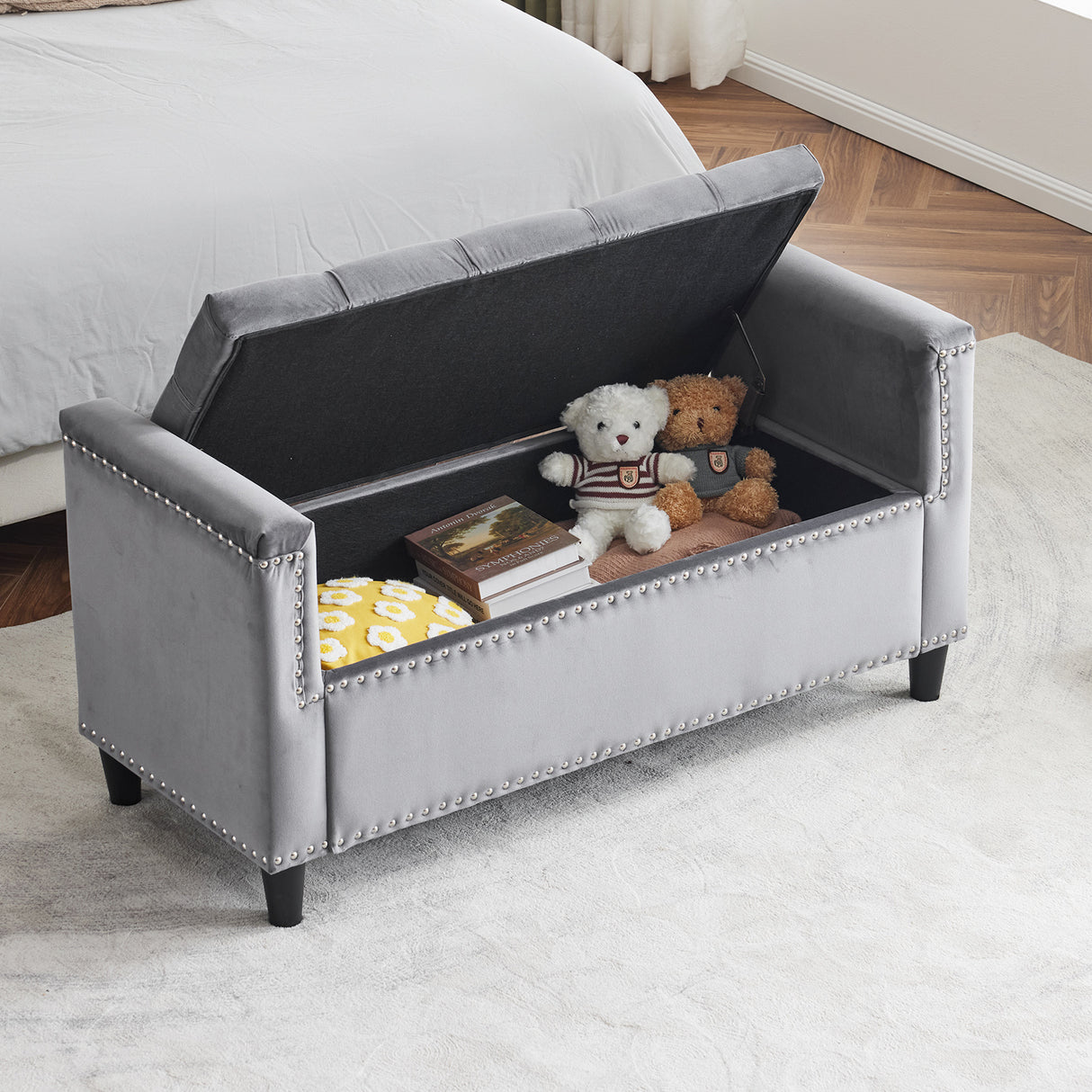 Storage Bench, 44.5-Inch Queen Velvet Button Bedside Bench, Entryway Living Room with Armrests, Nailhead Trim Gray - V.I.P Digital Presence