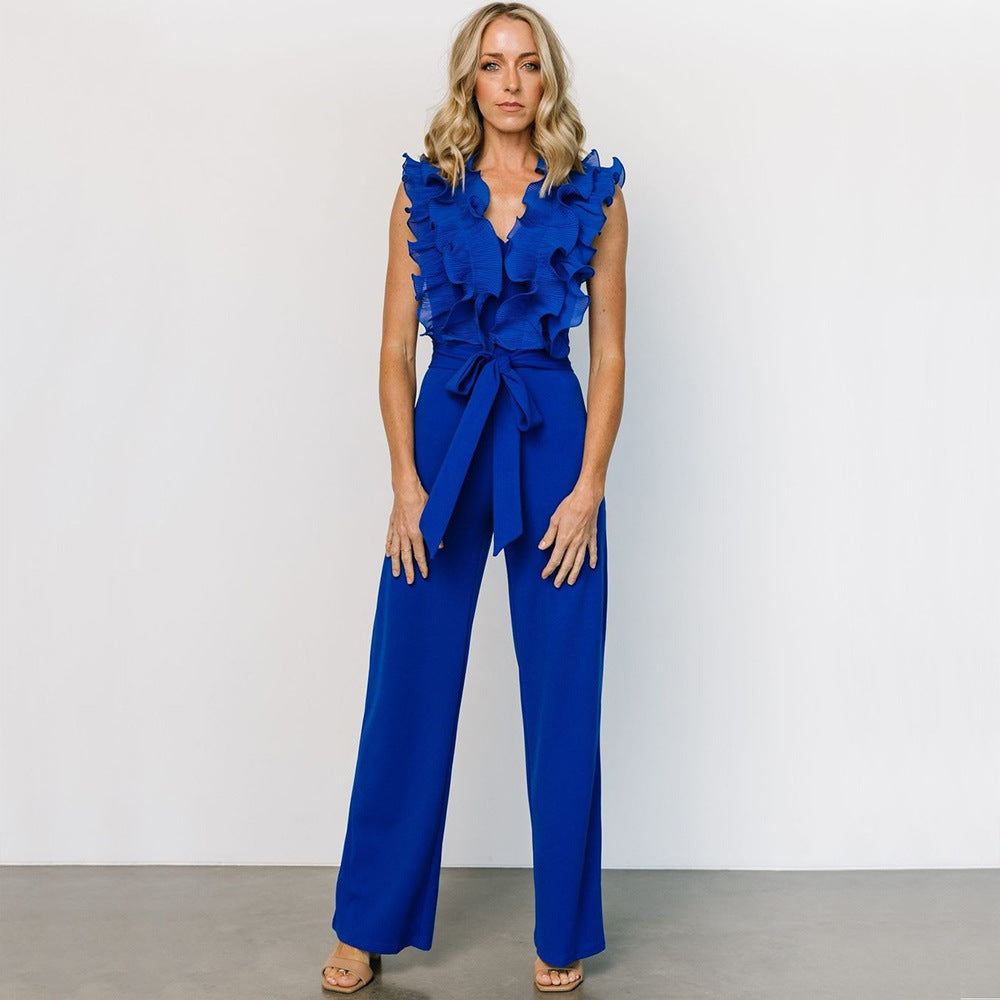 Sexy V-neck Backless Ruffle Tie-up Jumpsuit Casual Long Comfortable Fitted Women's Clothing - V.I.P Digital Presence