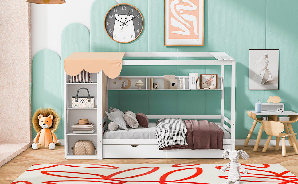 Twin size House Bed with Two Drawers and Wardrobe,White - V.I.P Digital Presence