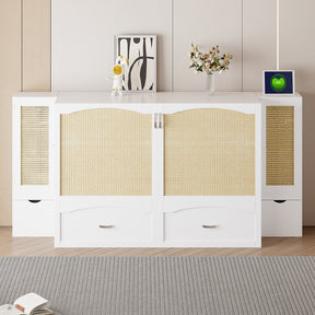 Large Murphy bed wall mounted bed with drawers, 2 storage cabinets, 1 set of sockets and USB ports, white - V.I.P Digital Presence