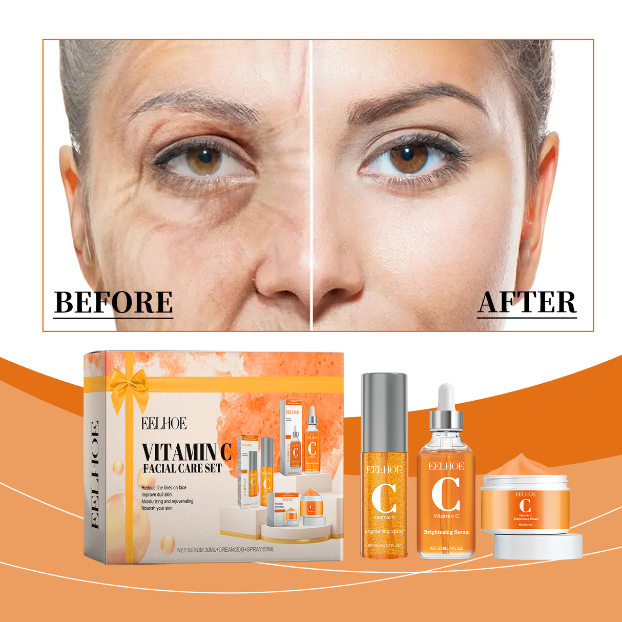 Kit de cuidado facial con vitamina C, hidratante, rejuvenecedor y para pieles sensibles.