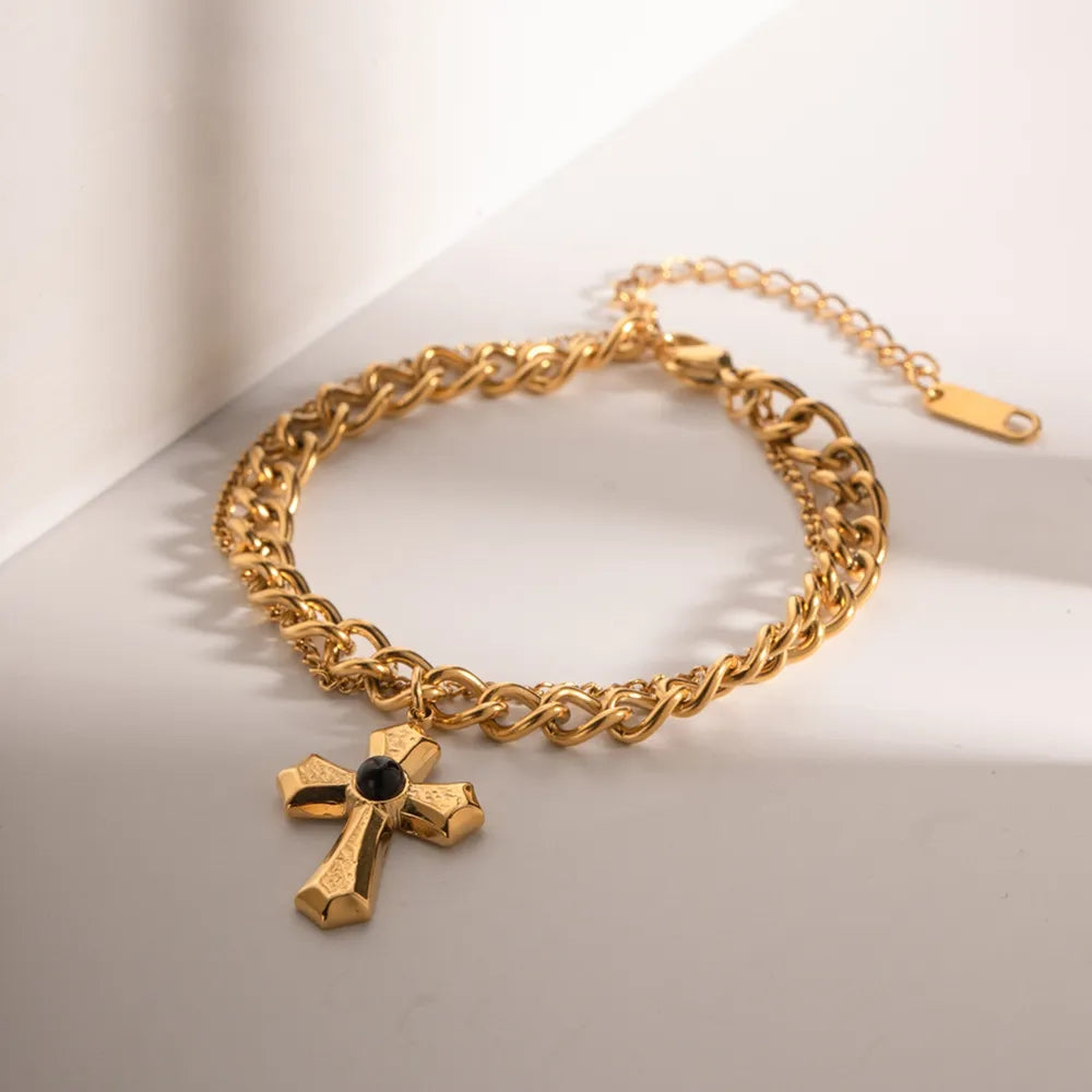Stainless Steel Imitation Gemstone Cross Shape Pendant Bracelet - V.I.P Digital Presence
