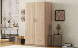 Wooden Wardrobe with Double Doors, Armoire with Hanging Rod, 5 Fixed Shelves, One Storage Drawer,Natural - V.I.P Digital Presence
