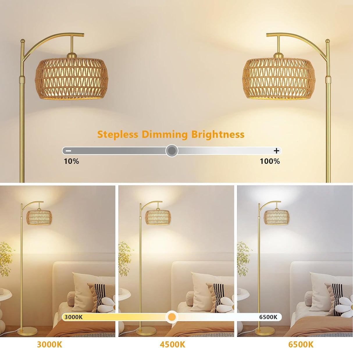 Arc Floor Lamp with 3 Color Temperatures, LED Gold Floor Lamp with Remote & Stepless Dimmable Bulb, Boho Standing Lamp - V.I.P Digital Presence