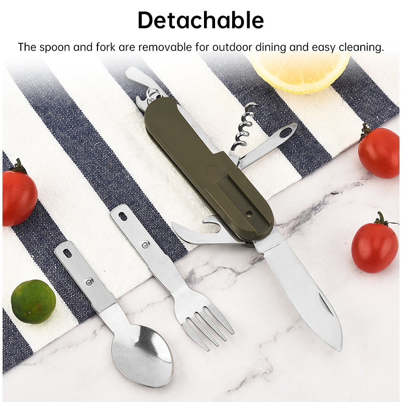Vajilla plegable multifuncional 7 en 1 de acero inoxidable para acampar al aire libre: tenedor, cuchara y cuchillo. Herramientas de supervivencia para picnic y camping.
