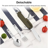 Vajilla plegable multifuncional 7 en 1 de acero inoxidable para acampar al aire libre: tenedor, cuchara y cuchillo. Herramientas de supervivencia para picnic y camping.