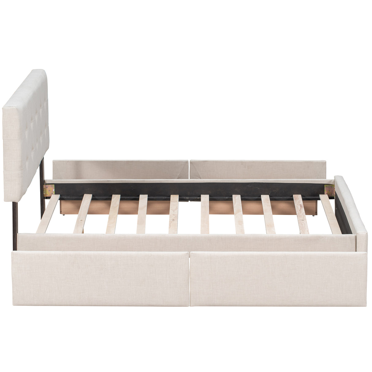 Upholstered Platform Bed with Classic Headboard and 4 Drawers No Box Spring Needed Linen Fabric Queen Size Beige - V.I.P Digital Presence