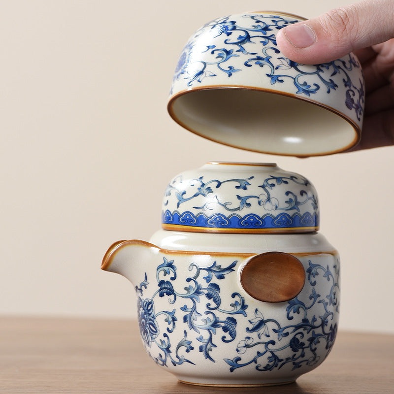 Blue and white beige Ru kiln travel tea set one pot three cups outdoor portable entwined lotus ceramic retro teapot - V.I.P Digital Presence