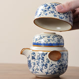 Blue and white beige Ru kiln travel tea set one pot three cups outdoor portable entwined lotus ceramic retro teapot - V.I.P Digital Presence