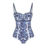 Blue and white porcelain print retro beach vacation hot spring swimsuit - V.I.P Digital Presence