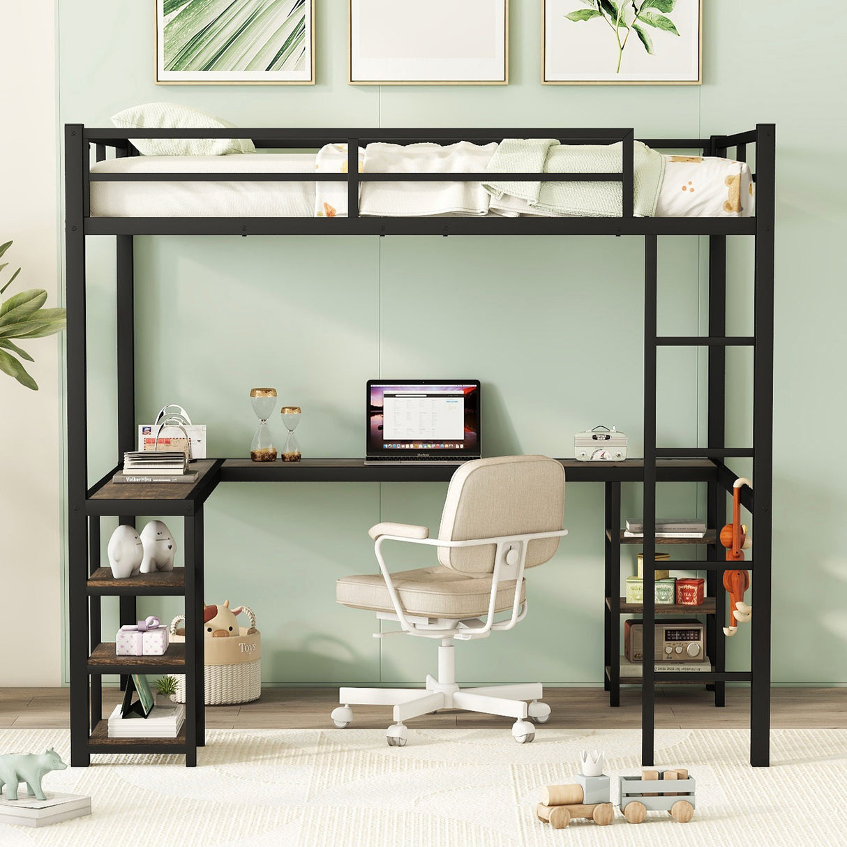 Full Metal Loft Bed with Desk and Shelves, Loft Bed with Ladder and Guardrails, Loft Bed Frame for Bedroom, Black - V.I.P Digital Presence
