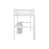 Twin Loft Wood Bed with Under-bed, Built-in Desk, a Storage Cabinet of 2 Drawers, Guardrails, Ladder,White - V.I.P Digital Presence