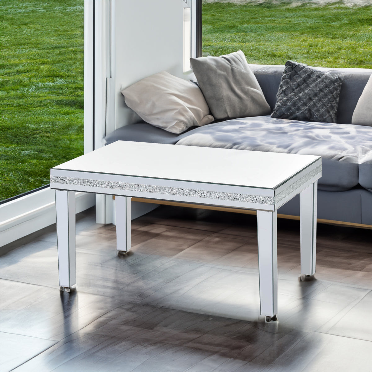 The ON-TRANS stylish modern glass mirrored coffee table features a crystal design and adjustable height legs in silver - V.I.P Digital Presence