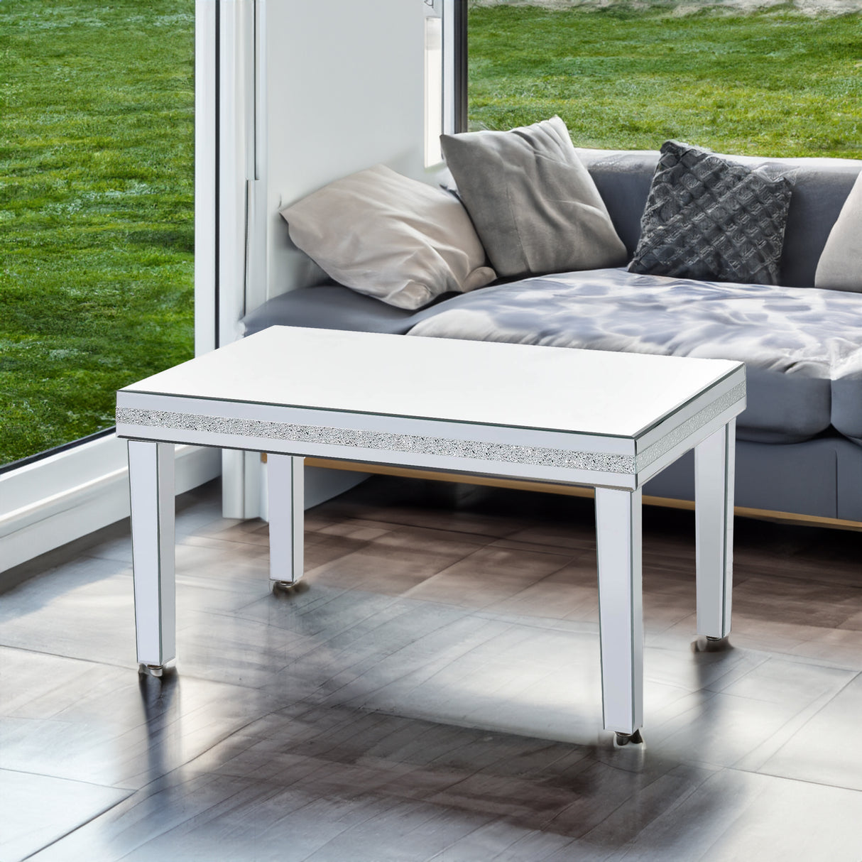 The ON-TRANS stylish modern glass mirrored coffee table features a crystal design and adjustable height legs in silver - V.I.P Digital Presence