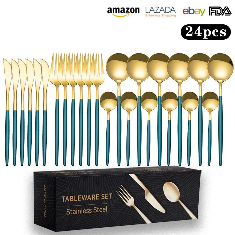 Cutlery Set Stainless Steel Knife Fork Set 24-Piece Tableware Set Golden Steak Knife Fork Spoon 6-Person Set - V.I.P Digital Presence