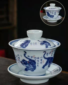 Ceramic set, three talents, covered bowl, old clay, retro kung fu tea set, tea bowl, underglaze tiger cup, Jingdezhen - V.I.P Digital Presence