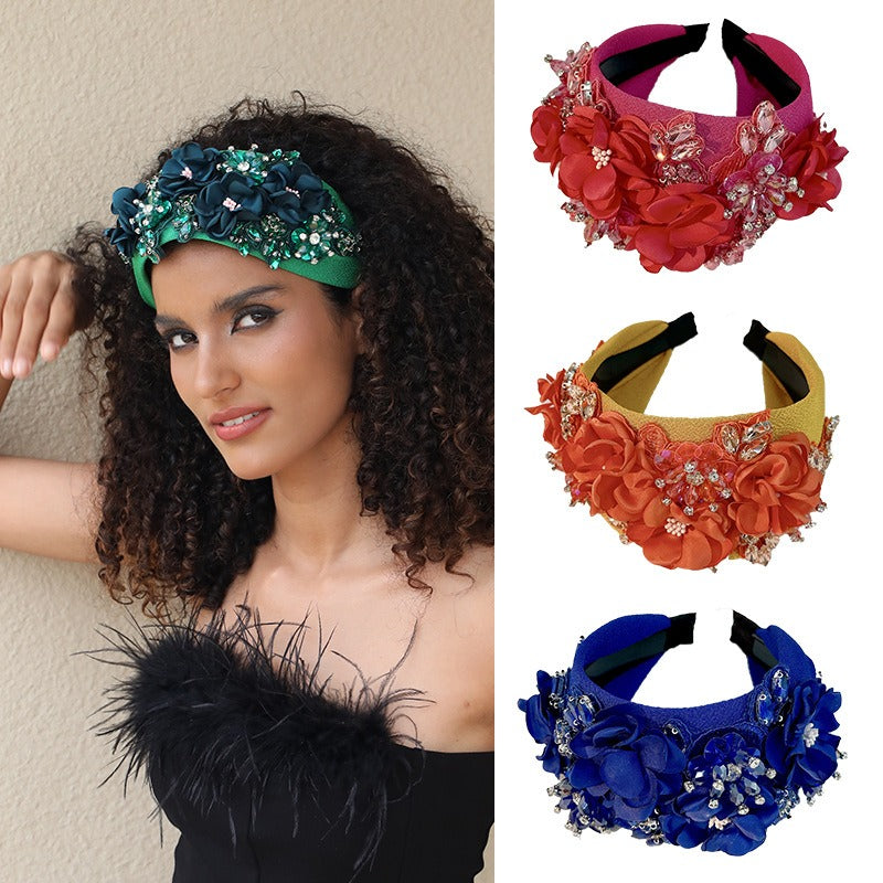 Fashionable solid color fabric flower oversized wide edged crystal headband - V.I.P Digital Presence