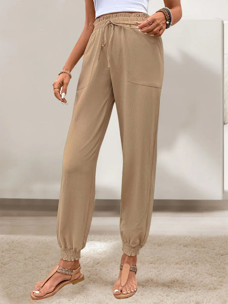 Tied Elastic Waist Pants with Pockets - V.I.P Digital Presence