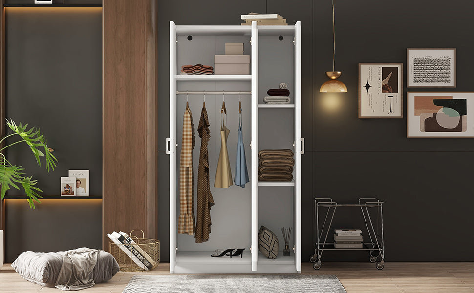 3 Door Wardrobe with Mirror, Armoire with Hanging Rod and 3 Fixed Shelves,White - V.I.P Digital Presence