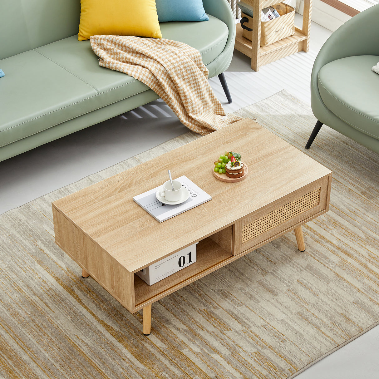 41.34" Rattan Coffee table sliding door for storage solid wood legs Modern table for living room  natural - V.I.P Digital Presence