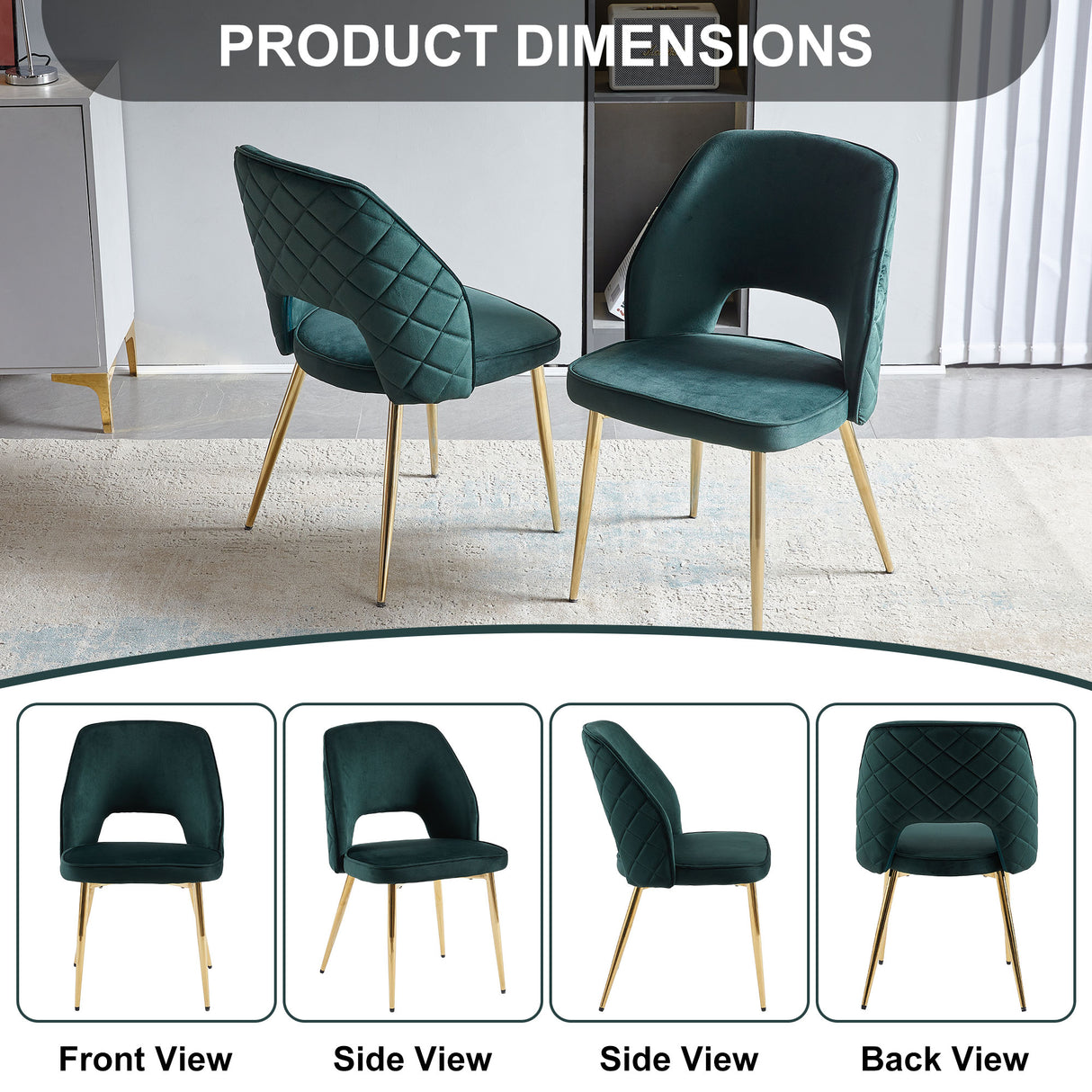 Dark Green Velvet Dining Chairs with Metal Legs and Hollow Back Upholstered Dining Chairs Set of 4 - V.I.P Digital Presence