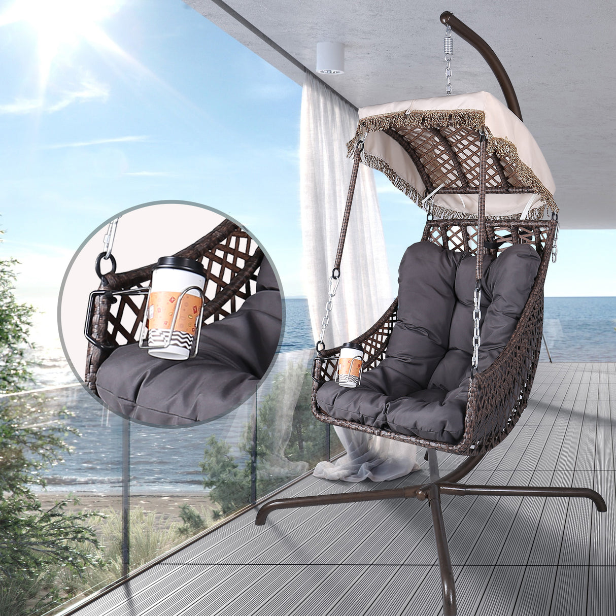 Swing Egg Chair with Stand Indoor Outdoor Wicker Rattan Frame 350lbs Capacity Hammock Chair - V.I.P Digital Presence